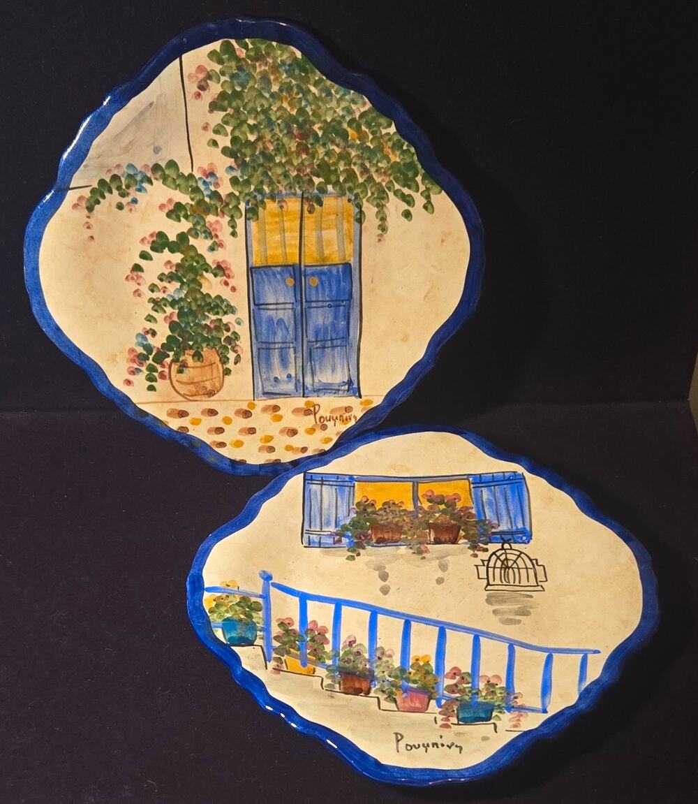 Vintage Roubini Greek Ceramic Wall Plates Pair Hand Painted Hellas Greece 9.5"